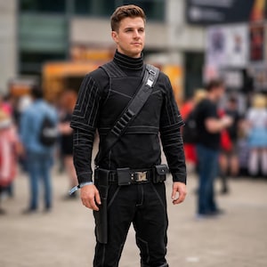Din Djarin Mandalorian Cosplay Costume with Flight Suit, Vest and Belt, professionally crafted with detailed stitching, accurate panel design and durable materials. High-quality Star Wars inspired bounty hunter outfit for cosplay events, comic conventions, collectors and costume enthusiasts. Custom-made fit for comfort and authenticity. Premium craftsmanship, realistic appearance, tailored construction and screen-inspired details for an immersive cosplay experience.