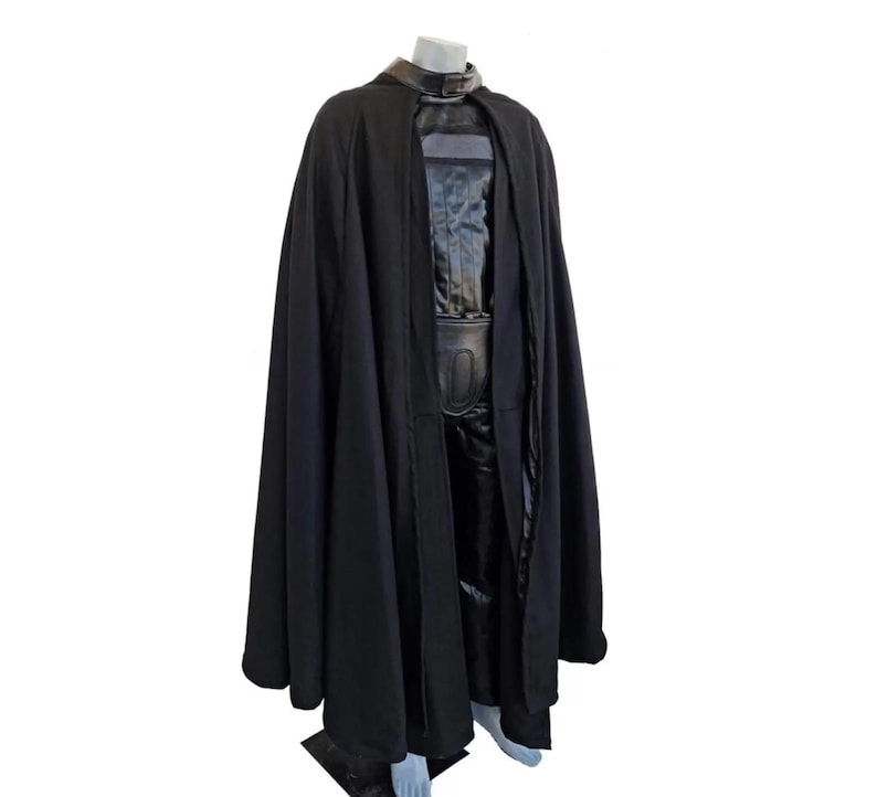 Side angle of Darth Vader leather cosplay costume, The Empire Strikes Back Star Wars cosplay suit showing detailed armor panels, shoulder pads, cape flow, gloves, belt, helmet, authentic replica outfit, ideal for cosplay events, Halloween, sci-fi conventions, fan photoshoots, collectors, and Star Wars themed costume parties