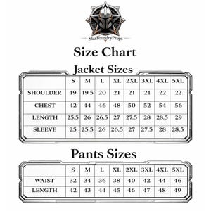 Puede incluir: Una tabla de tallas para chaquetas y pantalones, con medidas en pulgadas. La tabla incluye tallas de chaqueta para hombro, pecho, largo y manga, y tallas de pantal&oacute;n para cintura y largo. El logotipo de StarFoundryProps est&aacute; en la parte superior.