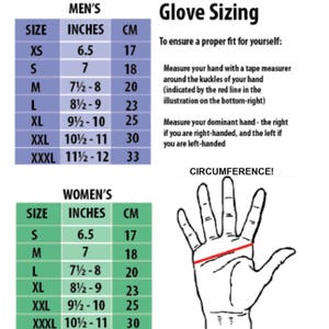 May include: Glove sizing chart with measurements in inches and centimeters. Includes men's and women's sizes from XS to XXXL. Instructions advise measuring hand circumference for proper fit. A hand illustration shows where to measure.