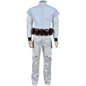 May include: A white costume with a high collar, long sleeves, and a brown belt with multiple pouches. The pants have large pockets. The sleeves have black cuffs. The costume appears to be made of a smooth, possibly synthetic, fabric.