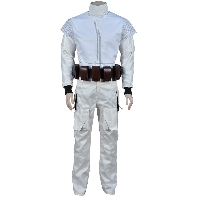 May include: A white costume with a high collar, long sleeves, and a brown belt with multiple pouches. The pants have large pockets. The sleeves have black cuffs. The costume appears to be made of a smooth, possibly synthetic, fabric.