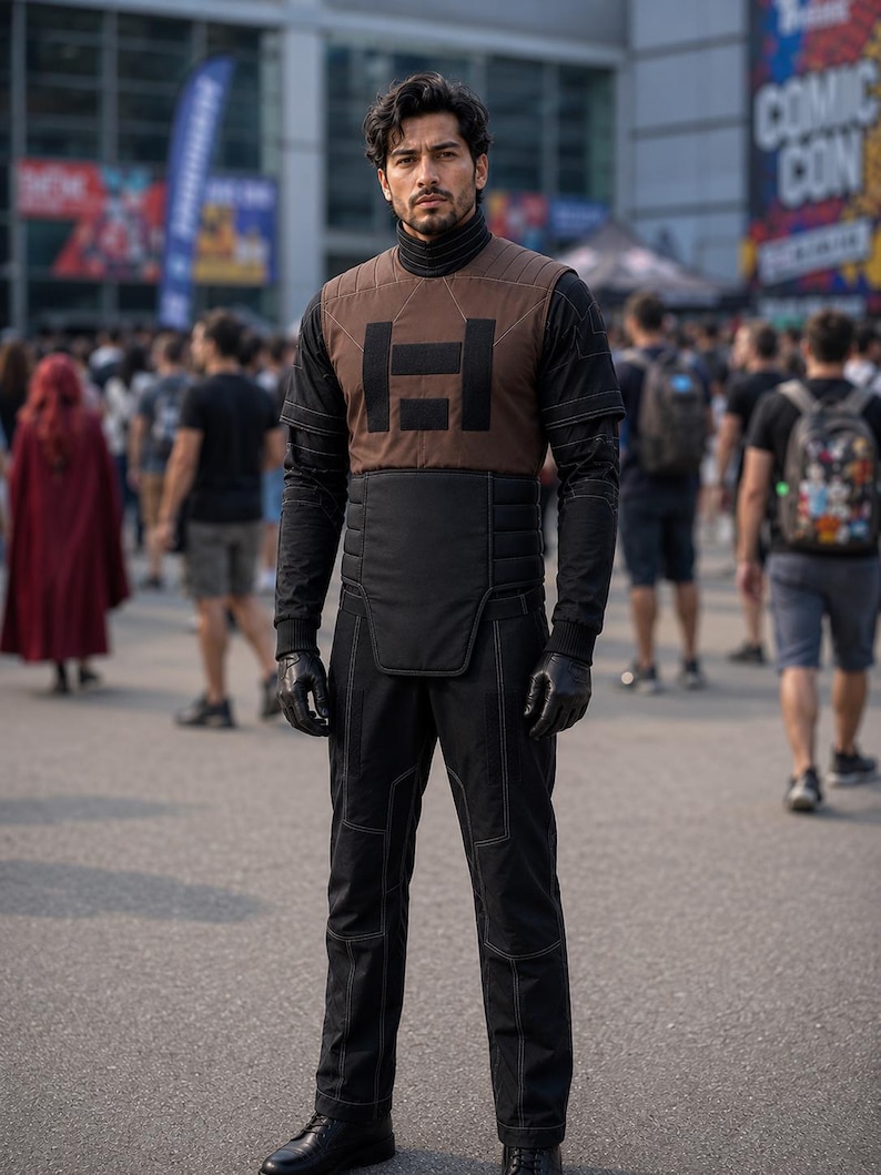 Premium Din Djarin inspired cosplay suit featuring high quality craftsmanship, tailored sci fi flight suit design, durable stitched panels, fitted black tactical fabric, brown chest detailing, matching gloves, and cinematic Mandalorian style appearance. Perfect for Comic Con, cosplay events, Halloween, conventions, collectors, and bounty hunter fans. Handmade custom costume with professional finish, comfortable fit, realistic detail, and premium cosplay quality for immersive fan experiences.
