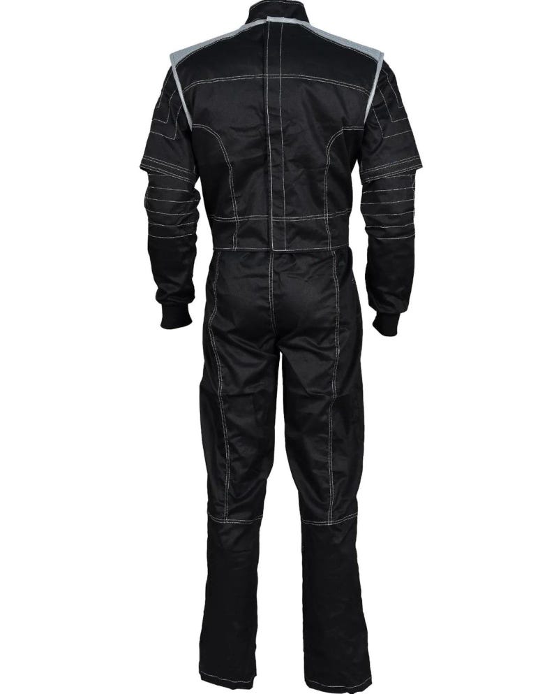 Back view of the Mandalorian flight suit and vest showing reinforced seams, breathable cotton fabric, and armor attachment-ready design. A custom Star Wars cosplay costume built for men and fans who want a comfortable, realistic bounty hunter outfit.