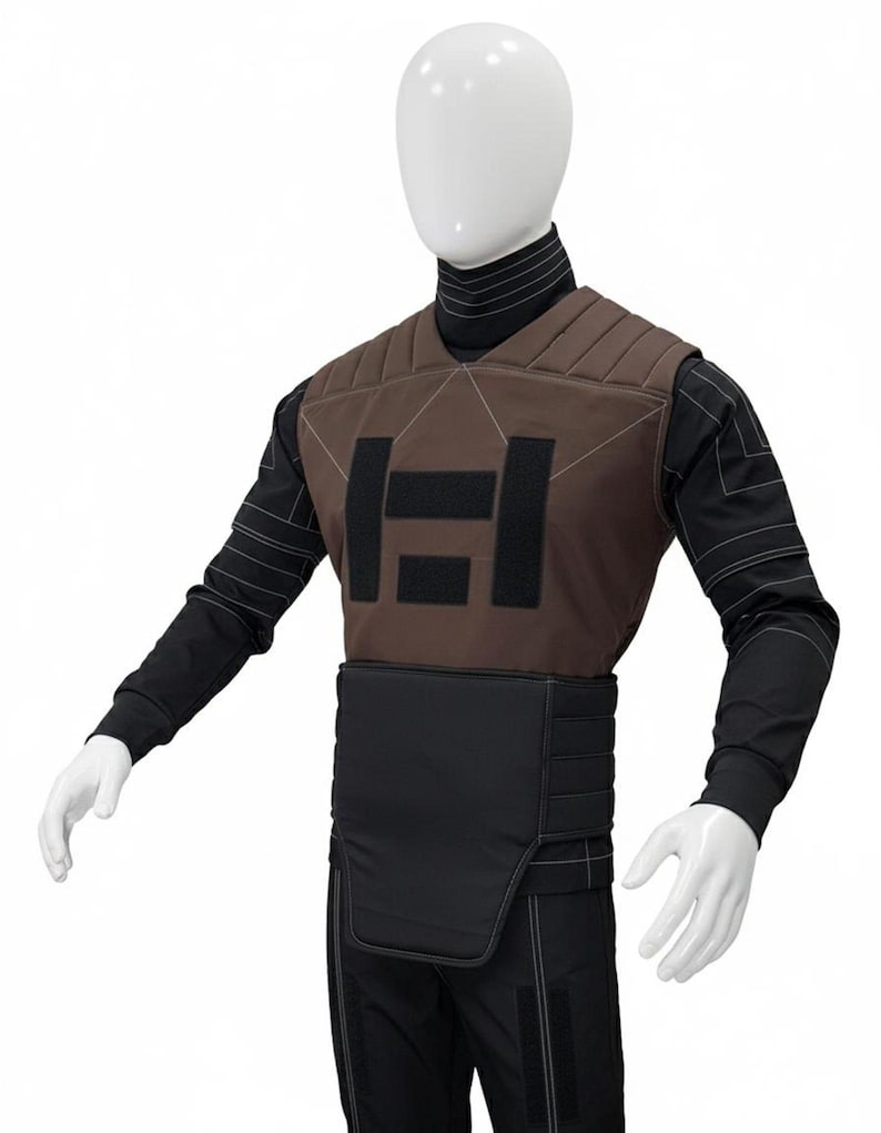 Puede incluir: Un chaleco t&aacute;ctico marr&oacute;n y negro con un dise&ntilde;o geom&eacute;trico y la letra "H" en la parte delantera. El chaleco se lleva sobre una camisa negra de manga larga y pantalones. El maniqu&iacute; lleva un cuello alto negro.