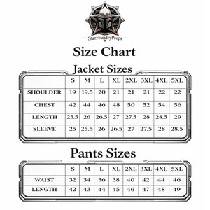 May include: A size chart for jackets and pants, with measurements in inches. The chart includes jacket sizes for shoulder, chest, length, and sleeve, and pants sizes for waist and length. The StarFoundryProps logo is at the top.
