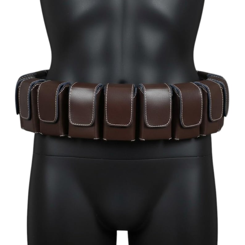 Handmade Boba Fett leather utility belt with detailed ammo pouches, Mandalorian inspired cosplay accessory crafted from genuine leather. Premium bounty hunter costume belt for Comic Con, cosplay events, collectors, sci fi fans, Halloween costumes, fan films and display collections. Adjustable leather utility belt featuring screen inspired design, durable craftsmanship, cosplay prop replica, Mandalorian costume accessory, convention gear, collector piece and custom bounty hunter outfit essential.