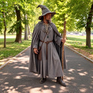 May include: A grey hooded robe with a matching pointed hat, a brown leather belt with a buckle, and a small brown pouch. The outfit includes a long, textured wooden staff. The robe features a lace-up neckline with light-colored cord ties.