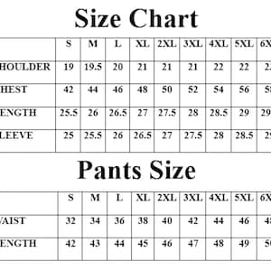 May include: A size chart for clothing, featuring measurements for shoulders, chest, length, and sleeve length, as well as waist and length for pants. Sizes range from S to 6XL, with measurements in inches.