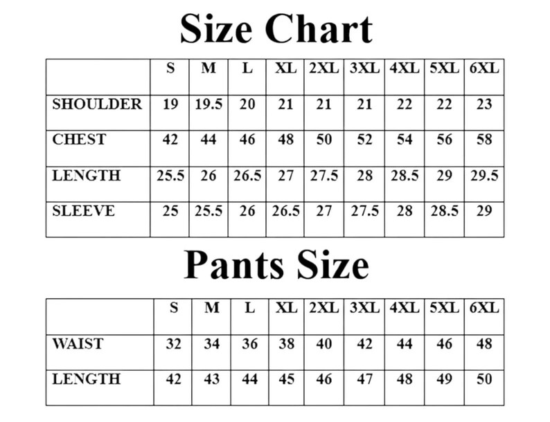 May include: A size chart for clothing, featuring measurements for shoulders, chest, length, and sleeve length, as well as waist and length for pants. Sizes range from S to 6XL, with measurements in inches.