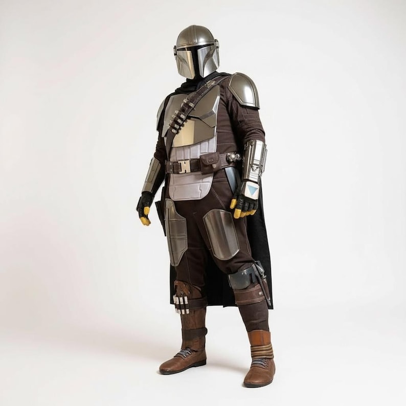 Mandalorian Beskar helmet cosplay front view, Din Djarin helmet prop for Star Wars costume and Comic Con