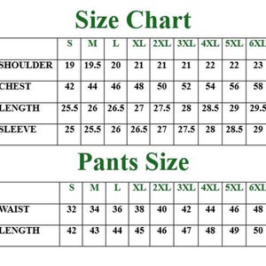 May include: A size chart for suits and pants, with measurements in inches. The chart includes sizes S to 6XL, detailing shoulder, chest, length, sleeve, waist, and pants length measurements. The text is in green and black.