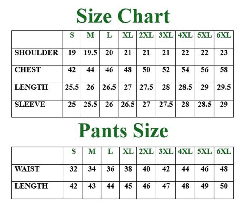 May include: A size chart for suits and pants, with measurements in inches. The chart includes sizes S to 6XL, detailing shoulder, chest, length, sleeve, waist, and pants length measurements. The text is in green and black.