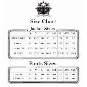 Puede incluir: Una tabla de tallas para chaquetas y pantalones, con medidas en pulgadas. La tabla incluye tallas de chaqueta para hombro, pecho, largo y manga, y tallas de pantal&oacute;n para cintura y largo. El logotipo de StarFoundryProps est&aacute; en la parte superior.