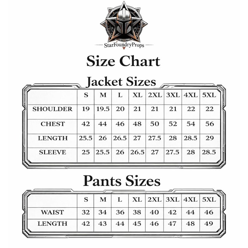 Puede incluir: Una tabla de tallas para chaquetas y pantalones, con medidas en pulgadas. La tabla incluye tallas de chaqueta para hombro, pecho, largo y manga, y tallas de pantal&oacute;n para cintura y largo. El logotipo de StarFoundryProps est&aacute; en la parte superior.