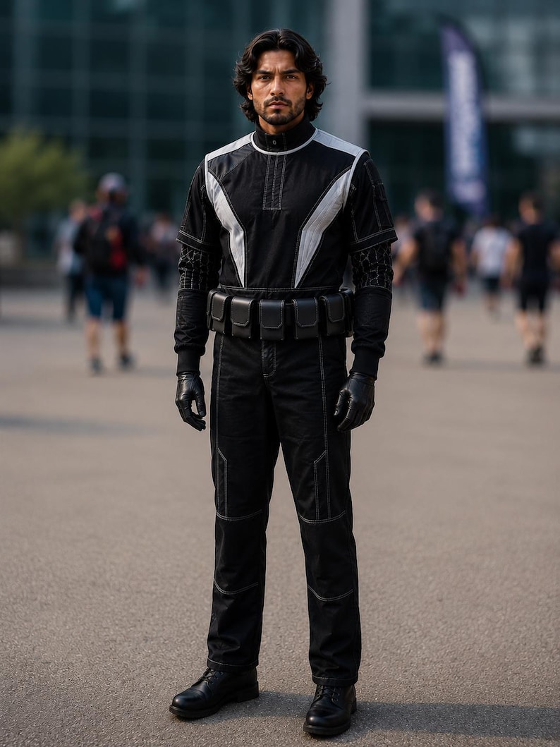 May include: A black jumpsuit with white accents and stitching. The outfit includes a high-collared top, a belt with pouches, and black gloves. The person is wearing black boots. The background is blurred, suggesting an outdoor setting.