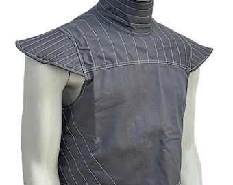 Handmade Mandalorian flak vest with attached neck seal, custom color bounty hunter armor inspired by Star Wars cosplay builds and Din Djarin