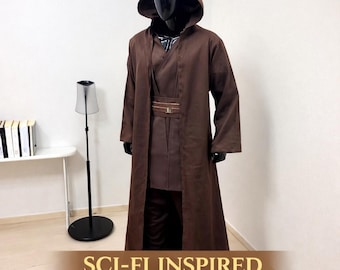 Jedi Knight Inspired Brown Robe Costume Set | Hooded Tunic Cosplay Outfit | Sci-Fi Warrior Costume