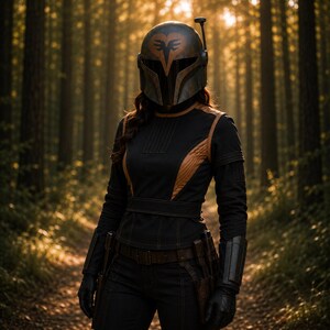 Puede incluir: Una persona con un casco y armadura Mandalorianos negros y marrones en un bosque. El casco es oscuro con un emblema estilizado. La armadura tiene detalles marrones y un cintur&oacute;n utilitario. El fondo es un bosque borroso con luz solar.