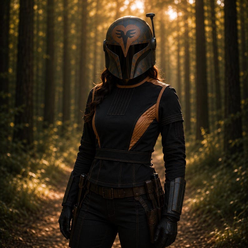 Puede incluir: Una persona con un casco y armadura Mandalorianos negros y marrones en un bosque. El casco es oscuro con un emblema estilizado. La armadura tiene detalles marrones y un cintur&oacute;n utilitario. El fondo es un bosque borroso con luz solar.