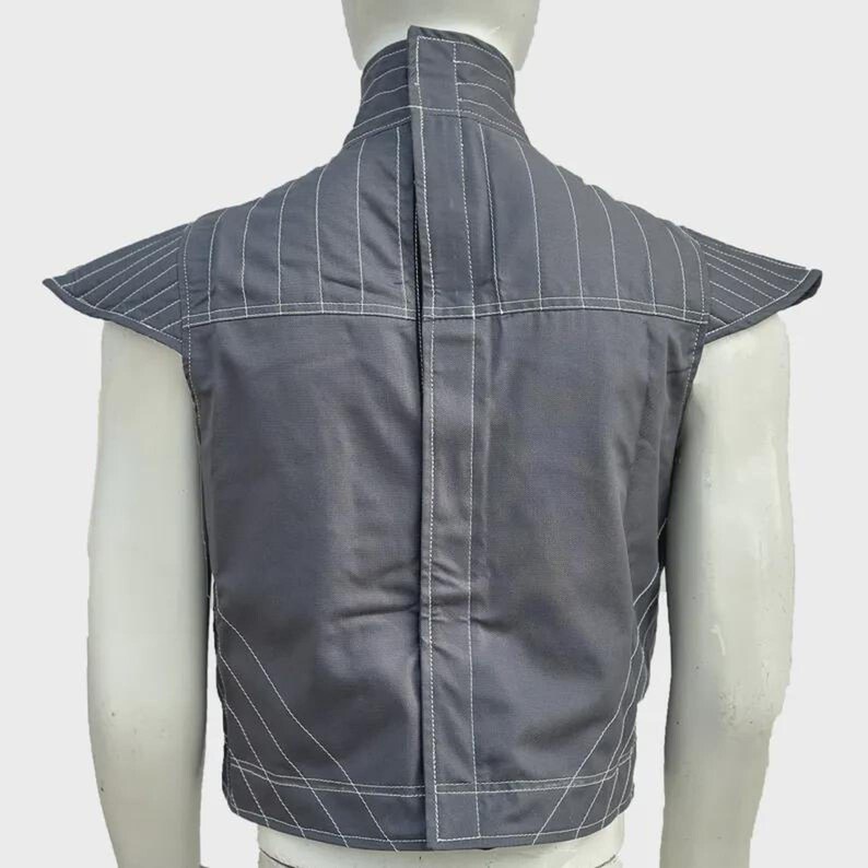 Close-up view of Mandalorian flak vest showing durable stitching and neck seal armor detail