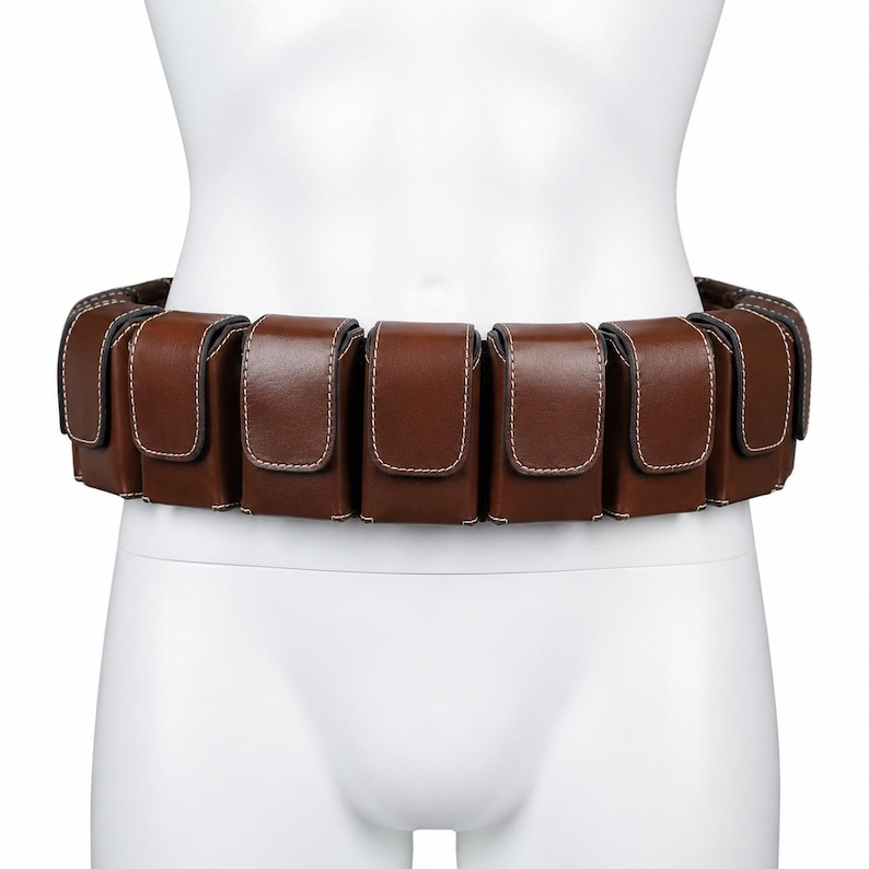 Handmade Boba Fett leather utility belt displayed on a white mannequin torso, featuring detailed ammo pouches and premium genuine leather craftsmanship. Mandalorian inspired cosplay belt perfect for Comic Con, cosplay events, sci fi conventions, collector displays, fan films, Halloween costumes, and custom bounty hunter outfits. Adjustable leather costume accessory with screen inspired design, durable construction, authentic pouch details, and professional cosplay quality.