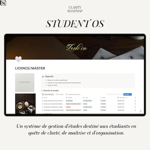 Peut inclure: Un tableau de bord numérique intitulé STUDENT OS et CLARITY ROADMAP avec une section LICENCE/MASTER. Il présente une liste d'objectifs académiques et un tableau de devoirs avec des colonnes pour les tâches, matières, types, statuts et dates.
