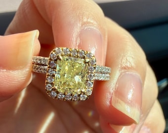 2 1/4 Carats Genuine Radiant Cut Yellow Diamond Engagement Ring Set 18k Gold