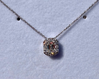 Emerald & Round White Diamond 10k White Gold Necklace 18”