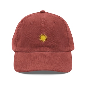 Vintage Corduroy Cap with Sun Embroidery, Casual Hat, Summer Accessory, Nature Lover Gift, Trendy Headwear