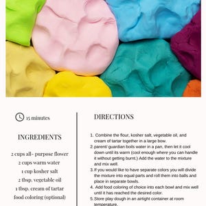 May include: A vibrant image of homemade playdough in various colours, including pink, green, yellow, blue, and purple. The image also shows the ingredients and instructions for making playdough.
