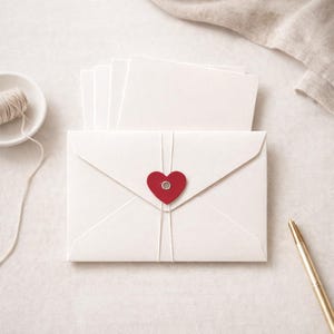 Op de afbeelding: Een witte envelop met een rode hartvormige versiering en een stapel blanco kaarten. De envelop is vastgebonden met een touwtje en een gouden pen ligt in de buurt. Een kleine kom met touw staat in de linkerbovenhoek.