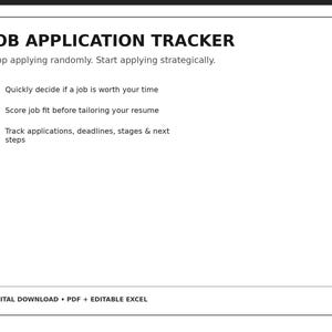 Puede incluir: Un documento digital blanco titulado JOB APPLICATION TRACKER con el texto Stop applying randomly. Start applying strategically. Incluye una lista de características y el texto DIGITAL DOWNLOAD • PDF + EDITABLE EXCEL en la parte inferior.