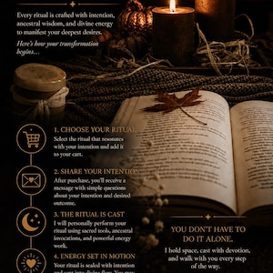 May include: An informational graphic titled HOW IT WORKS? featuring two lit dark brown pillar candles, a small pumpkin, and an open book with a dried maple leaf on the page. The text outlines a five-step ritual process and includes the name Elara.