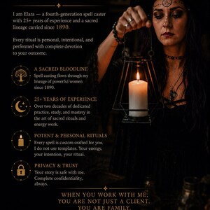 May include: A dark-themed informational graphic titled WHO IS Elara? featuring text about spell casting services, a lineage since 1890, and ritual details. The image includes a person holding a black metal lantern with a lit white candle inside.