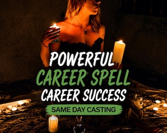 May include: Two white pillar candles held in hands, illuminating a dark space with text overlay reading POWERFUL CAREER SPELL CAREER SUCCESS SAME DAY CASTING. The scene features a patterned cloth surface with multiple small lit candles.