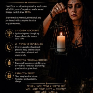 May include: A dark-themed informational graphic titled WHO IS Elara? featuring a person in a black hat holding a lit candle in a metal lantern. The text details services including spell casting, ritual experience, privacy, and delivery methods.