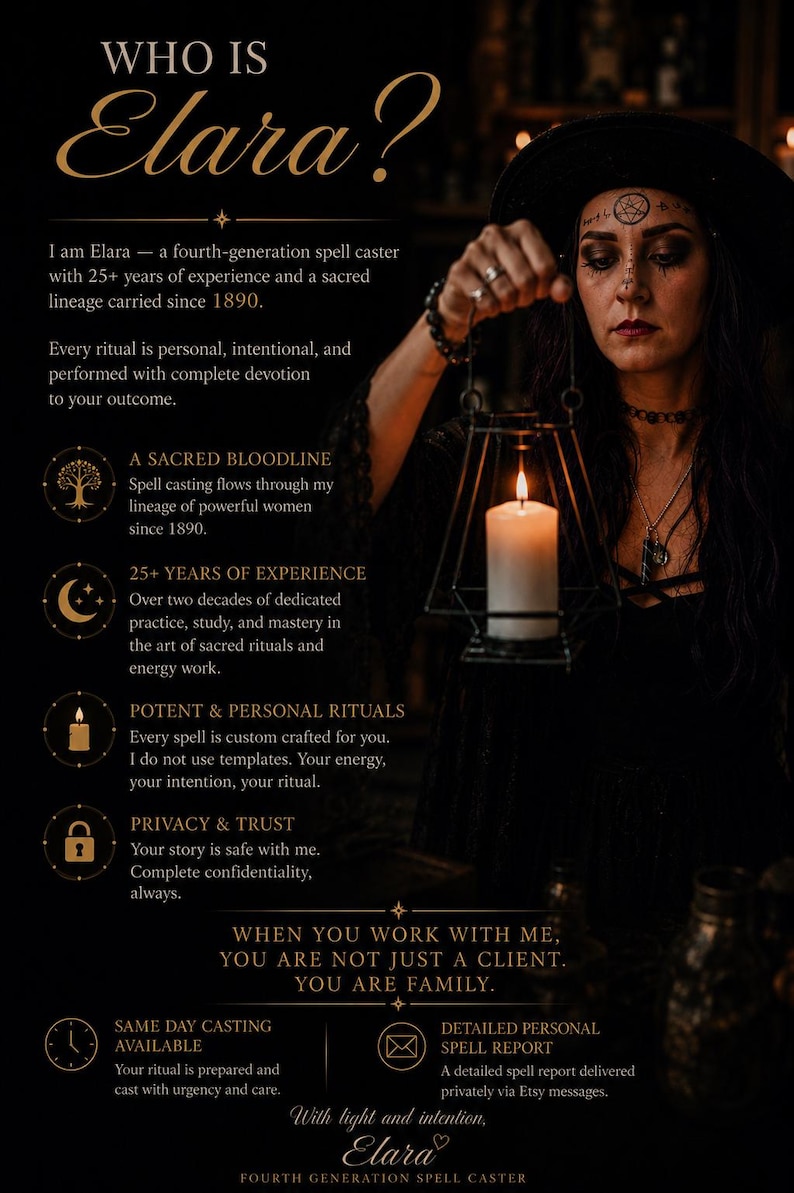 May include: A dark-themed informational graphic titled WHO IS Elara? featuring a person in a black hat holding a lit candle in a metal lantern. The text details services including spell casting, ritual experience, privacy, and delivery methods.