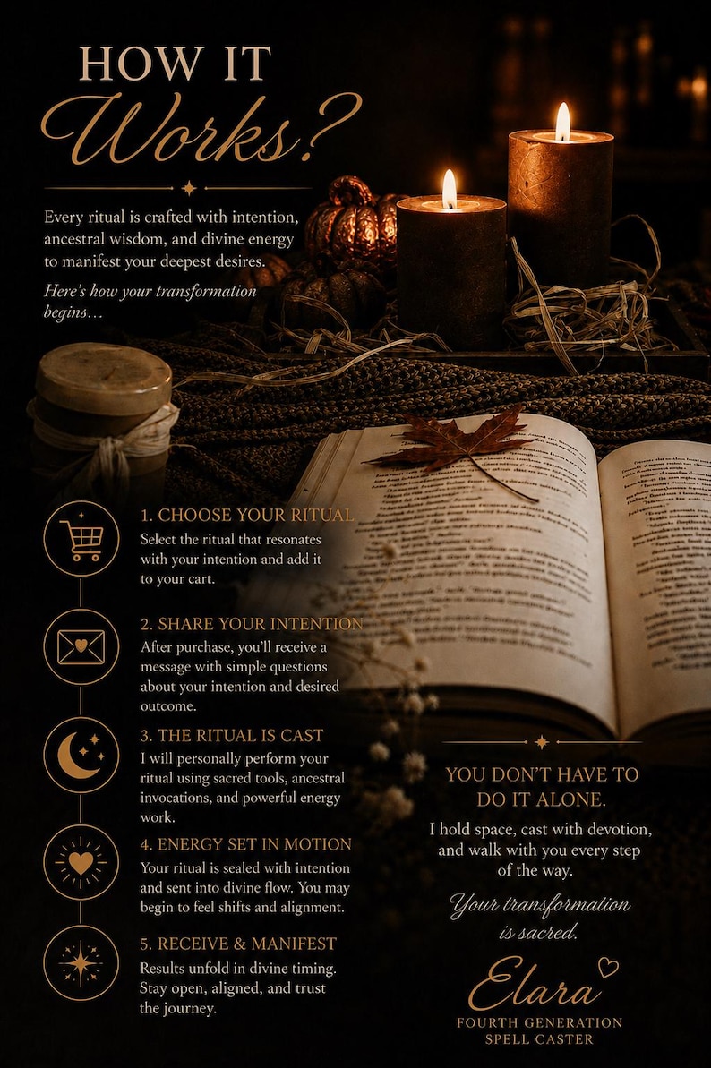 May include: An informational graphic titled HOW IT WORKS? featuring two lit brown candles, a small pumpkin, and an open book with a dried leaf. The text outlines a five-step process for a ritual service, including icons for a cart, envelope, moon, heart, and star.