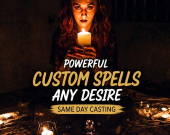 May include: A person with long dark hair holds a lit white candle in a dimly lit space. The text reads: POWERFUL CUSTOM SPELLS ANY DESIRE SAME DAY CASTING. Several other lit candles and a glass bottle are arranged on a patterned fabric surface.