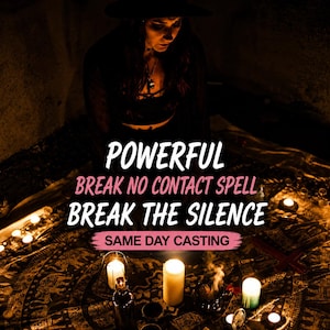 Może przedstawiać: Ciemna scena z wieloma zapalonymi świecami i dymiącym kadzidełkiem na wzorzystej tkaninie. Nałożony tekst brzmi: POWERFUL BREAK NO CONTACT SPELL BREAK THE SILENCE SAME DAY CASTING. Oświetlenie jest przyciemnione, co tworzy nastrojową atmosferę.