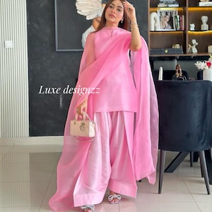 Farshi Shalwar Kameez Suit Plain Pakistani Suit Baby Pink Raw Silk Farsi Salwar Suit Custom Made For Womens Festive wedding party wear suits