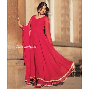 Party Wear Anarkali Gown Red Handmade Lace work Wedding Wear Suit for Woman&#39;s Custom Stitched Designer Indian Long Dress for USA Girls