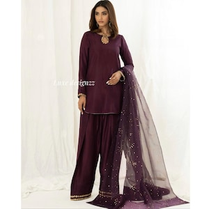 Wine Raw Silk Farshi Shalwar Kameez Suit Heavy Lace Work Pakistani Suit Farsi Salwar Suit Custom Made For Womens wedding party wear suits