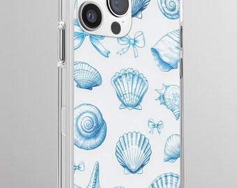 May include: Clear phone case featuring a white background with a blue seashell pattern. The design includes various seashell illustrations, bows, and a starfish. The case is designed to fit a smartphone.