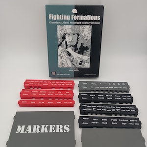 May include: Fighting Formations Grossdeutschland Motorized Infantry Division board game box with a black and white soldier illustration, three red plastic marker trays, four grey plastic marker trays, and a grey storage box labeled MARKERS.