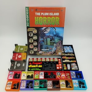 May include: A board game titled "The Plum Island Horror" with an orange and green box. The game includes various colored trays, cards, dice, and game pieces. The box art features a spooky scene with a tree, moon, and zombie.