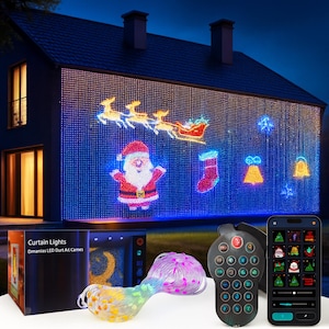 May include: A house exterior illuminated with Christmas-themed curtain lights, featuring Santa Claus, reindeer, and a sleigh. The image includes a remote control, a smartphone displaying light patterns, and a box labeled "Curtain Lights".