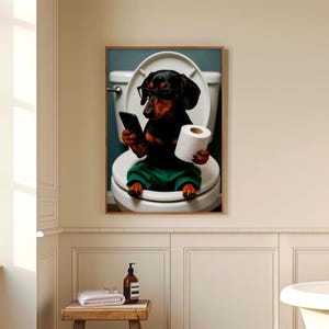 Custom Pet Portrait, Dog Bathroom Art, Funny Bathroom Poster, Dog in Toilet, Dog Reading Newspaper on Toilet, Pet Owner Gift