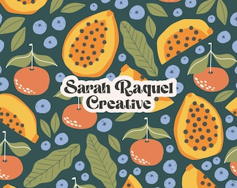 Papaya and Orange Seamless Pattern - Summer Fruit Pattern Repeat - Commercial Use